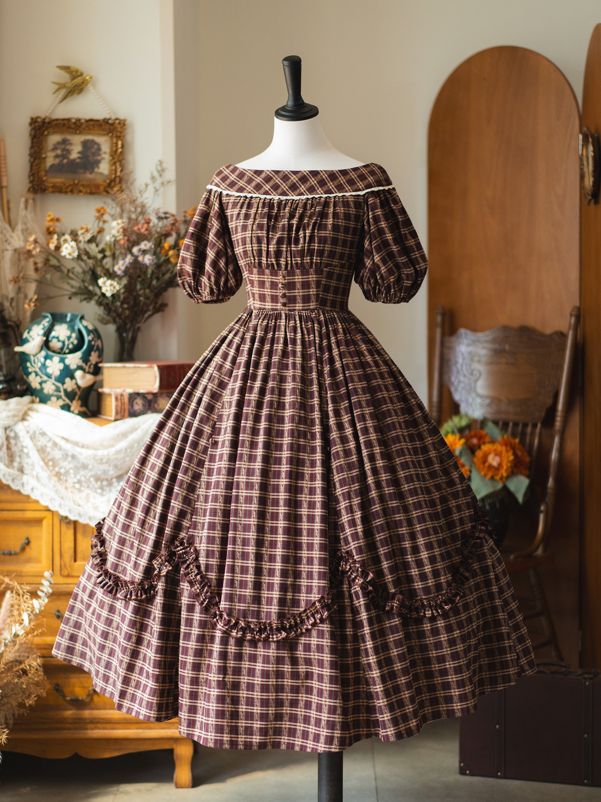 Forest Wardrobe - Forest Picnic - Classic Lolita OP Dress with Off-Shoulder and Lifting Hem Dark Red OP Only S In-stock