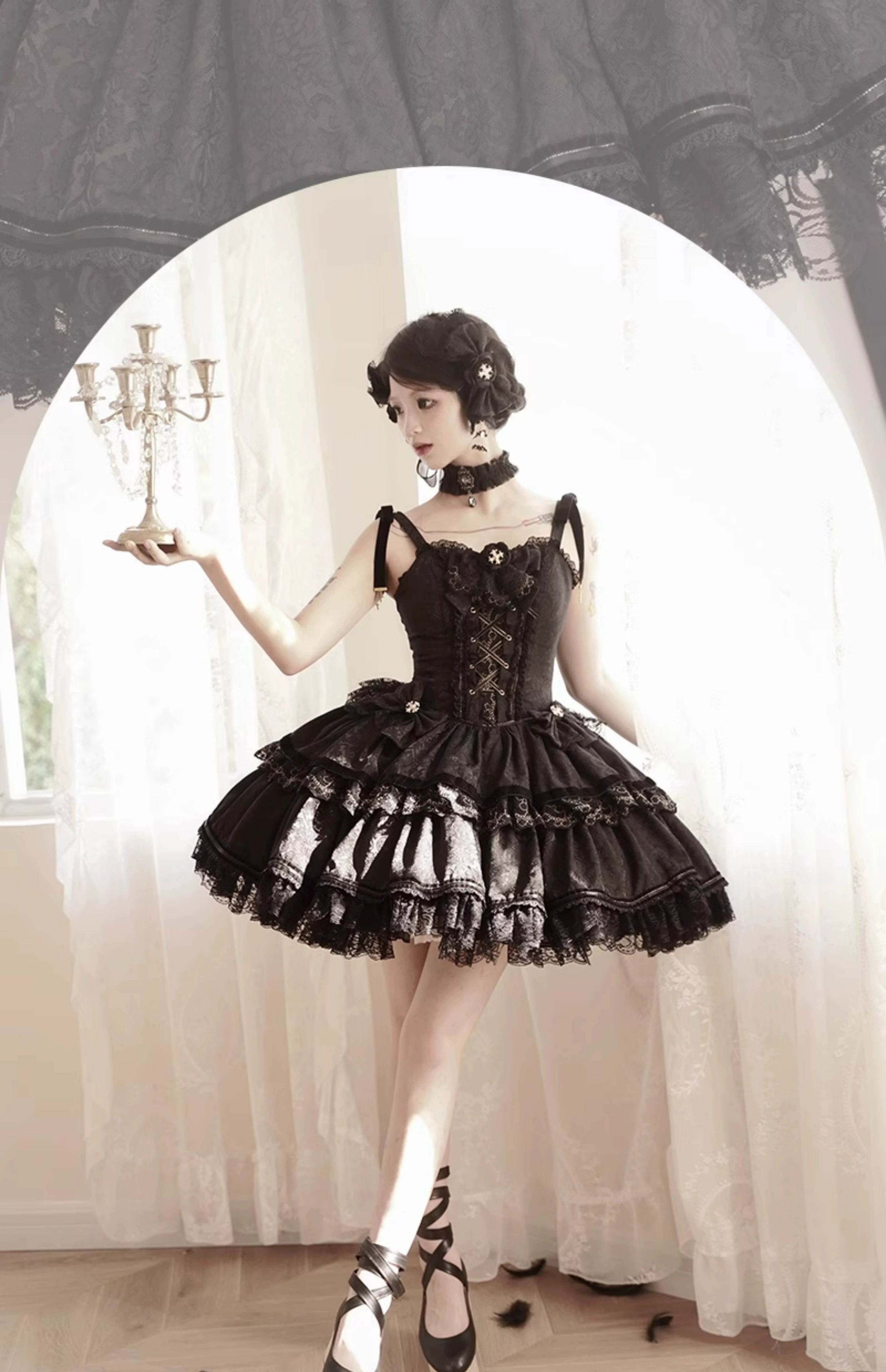 Forest Fluorescent Carps - Black Lady - Gothic Lolita JSK Dress Set S Black JSK