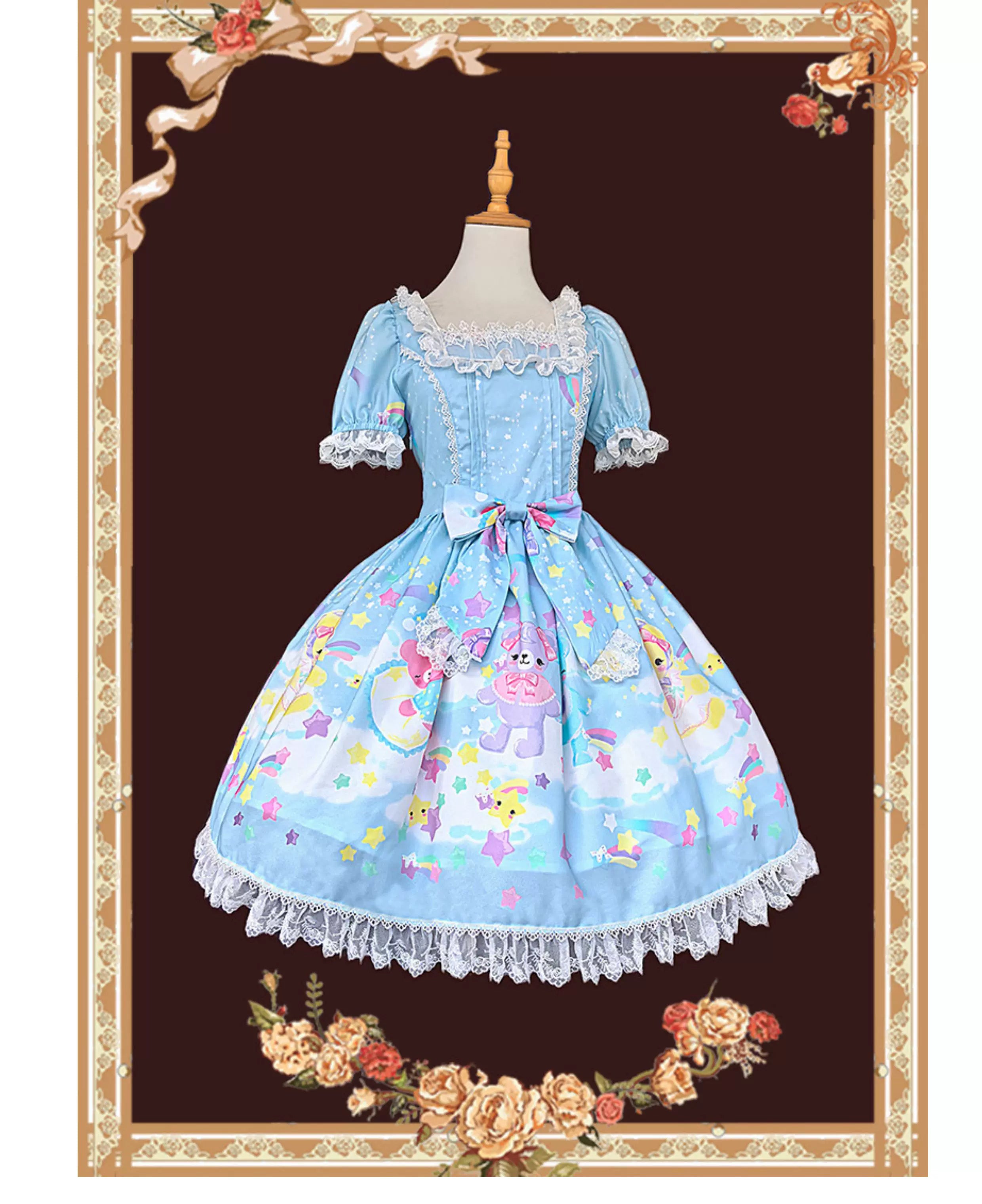 Sleepy Bear - Kawaii Lolita Bear and Star Printed Dress (L M S XL / Pre-order) 45663:857646