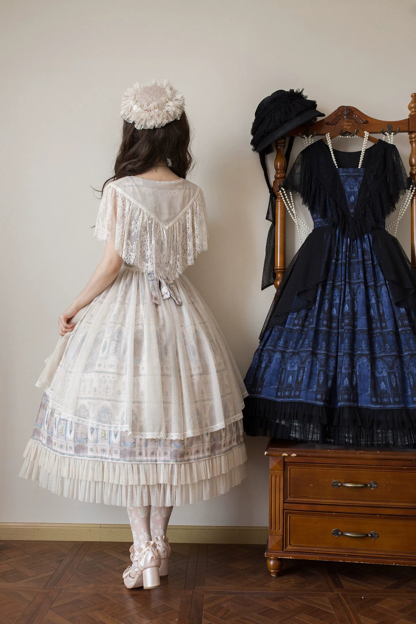 Reims Cathedral - Printed Classic Lolita Dress, Detachable Gauze Outlayer 44701:819163