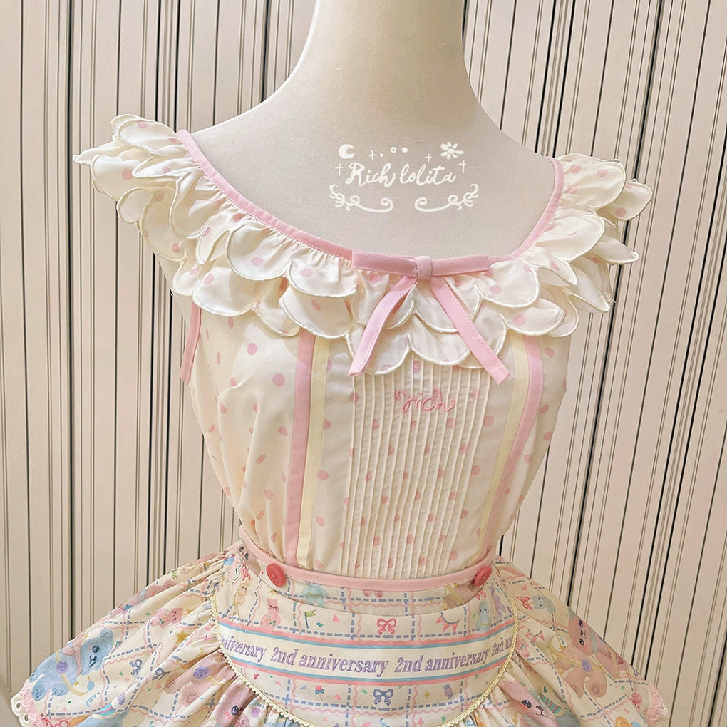 RichLolita - Starry Pudding Bear - Sweet Lolita Jumper Dress Printed OP Dress XS Lace collar shirt
