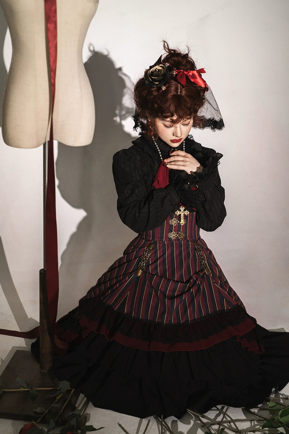 (Buyforme)Miss Point~Customized Lolita Elegant Striped High Waisted Fishbone SK 21544:312670