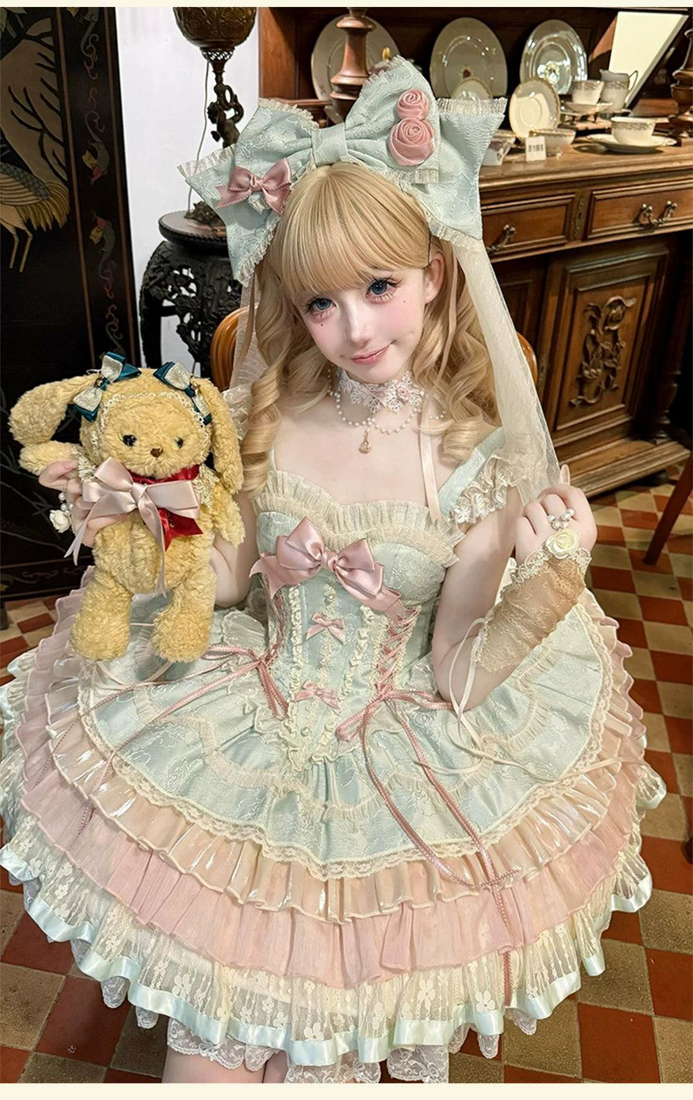 Lotus Crossing - Sweet Lolita Tiered Hem JSK Dress with Satin Bow 45302:844750