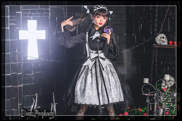 DuskProphecy - Coccyx - Elegant Lolita Dress High Waist Fishbone Print JSK Set 34722:466632