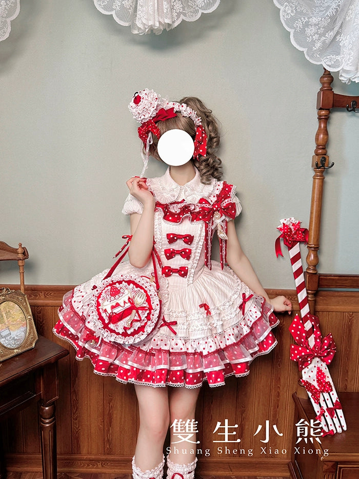 Shuang Sheng Xiao Xiong - Bite The Cake - Sweet Lolita Dress, Red & White Polka Dots 43600:780698