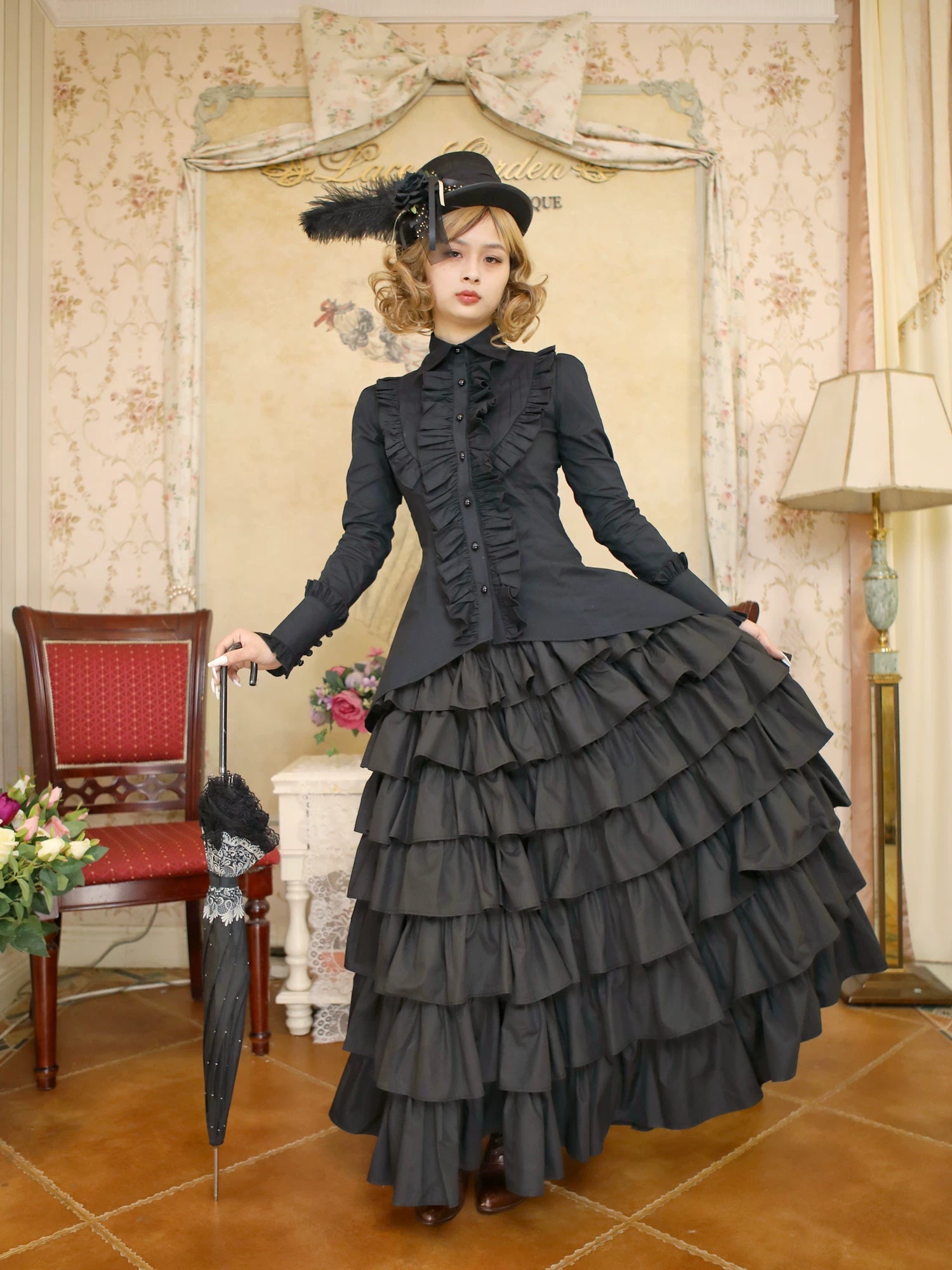 Gothic Lolita Tailed Hem Blouse and Multi-layer Skirt Set Set 1: Black Blouse + Black Skirt S