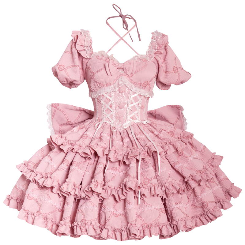 OCELOT - Puff Rose - Sweet Lolita OP Princess Bow Trailing Lolita Dress Berry (OP with large back bow) S