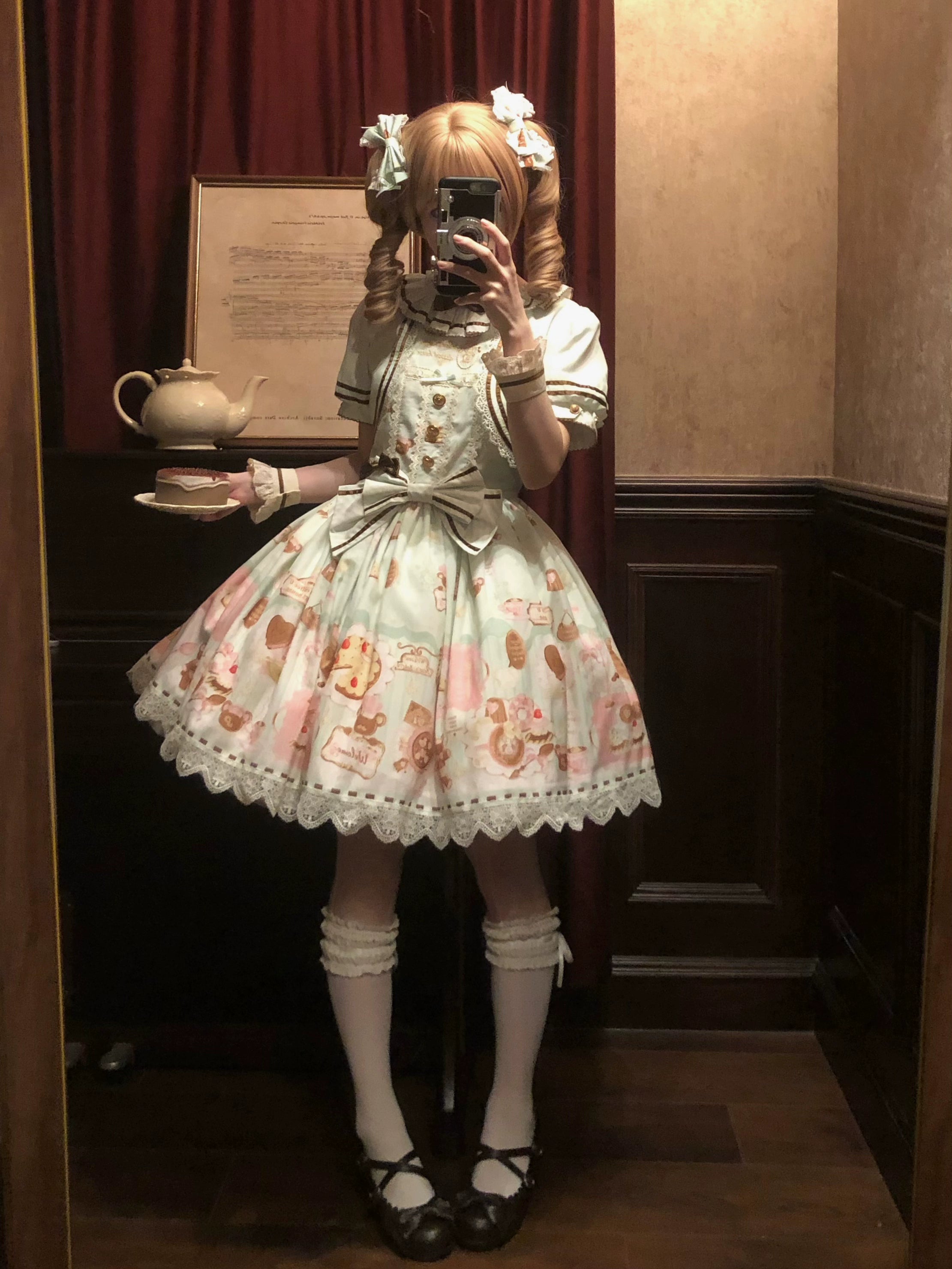 Babyblue - Dream Teahouse - Dessert Print Kawaii Lolita OP Dress Suit 43332:773729