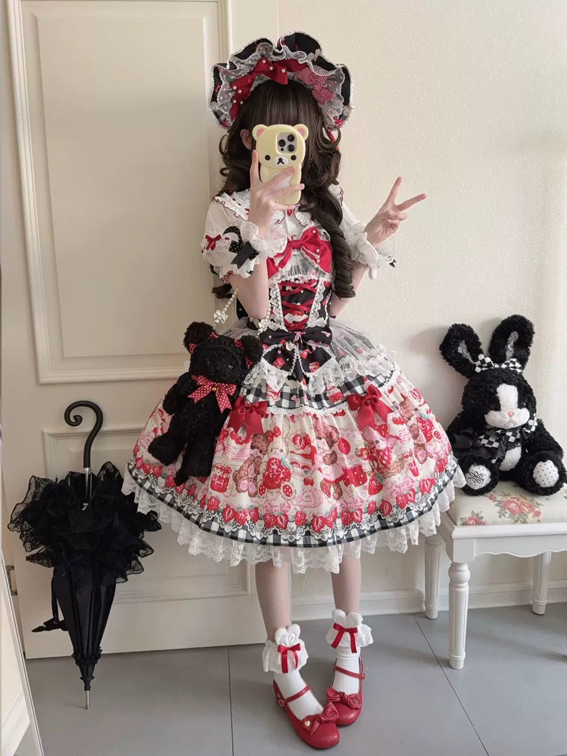 SweetBerry Bunny Bear - Sweet Lolita Tiered Lace JSK Dress, Strawberry and Bear Print