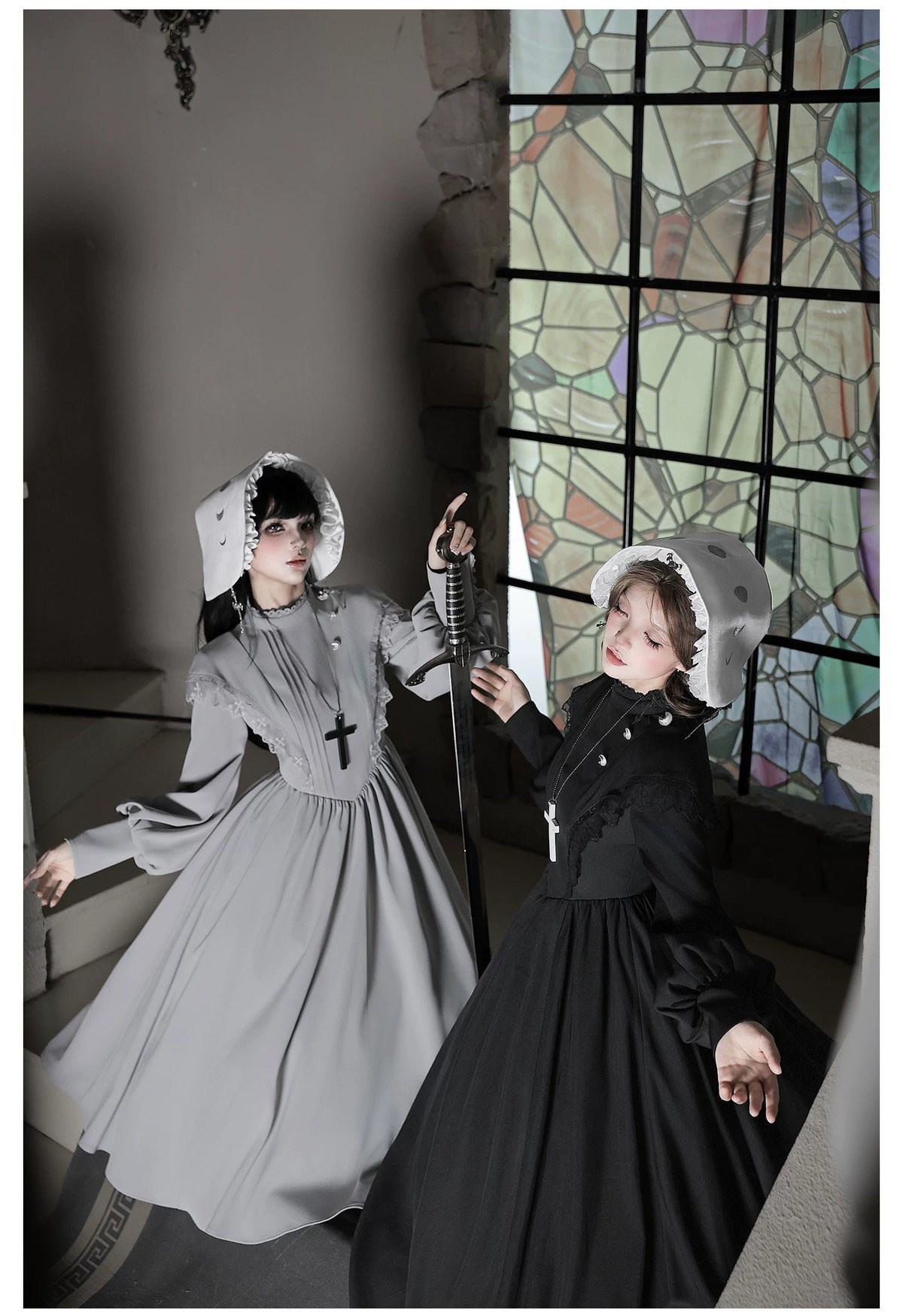 Moon Phase - Gothic Lolita OP Dress Set, Detachable Cross-Shaped Apron 46035:873427
