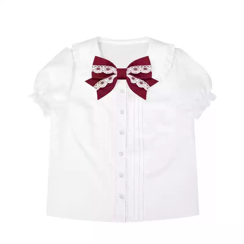 To Alice - Old School Lolita Salopette Suit Tiered Dress White shirt with burgundy bow S