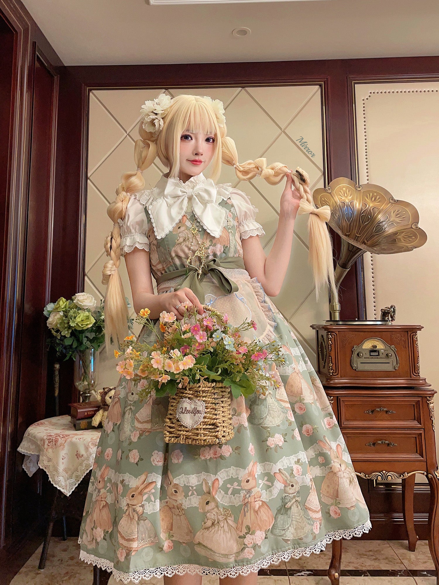 Fruit and rice - Tea Break Rabbit - Vintage Lolita JSK Rabbit Print Multicolors M Green JSK