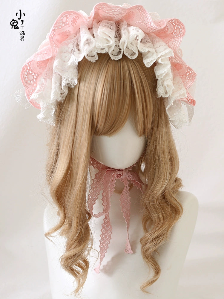 Xiaogui - Sweet Lolita Headdress Pink & White Lace Hairband