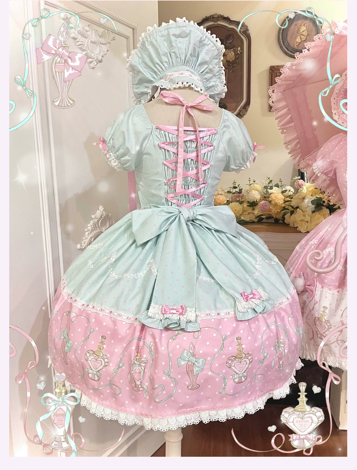 Perfume Kitty - Cotton Old School Lolita OP Dress, Perfume Print & Cat Patch 46037:873526