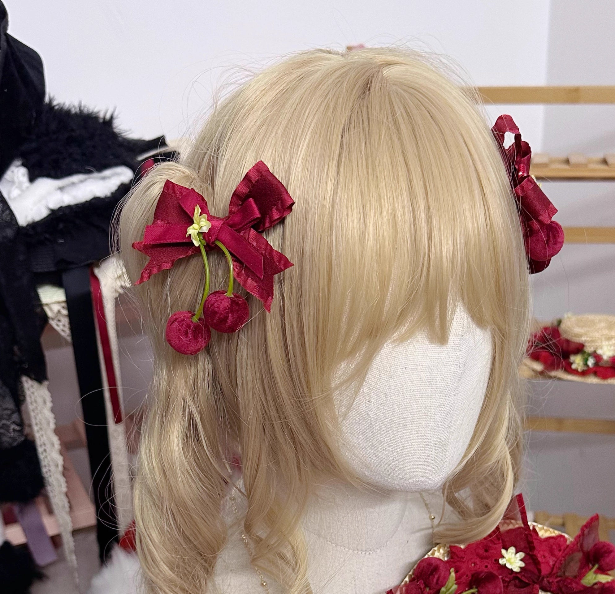 Chestnut Lolita~Sweet Lolita Headdress Cherry Hair Clip Straw Hat Necklace Handmade Set a small flower cherry hair clip 36098:523260