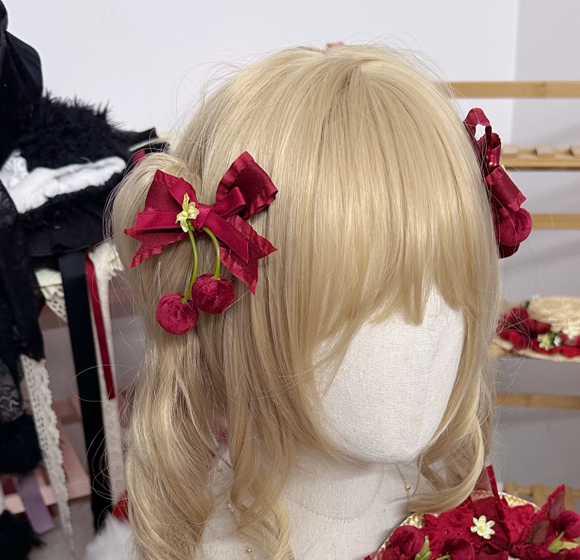 Chestnut Lolita~Sweet Lolita Headdress Cherry Hair Clip Straw Hat Necklace Handmade Set 36098:523250