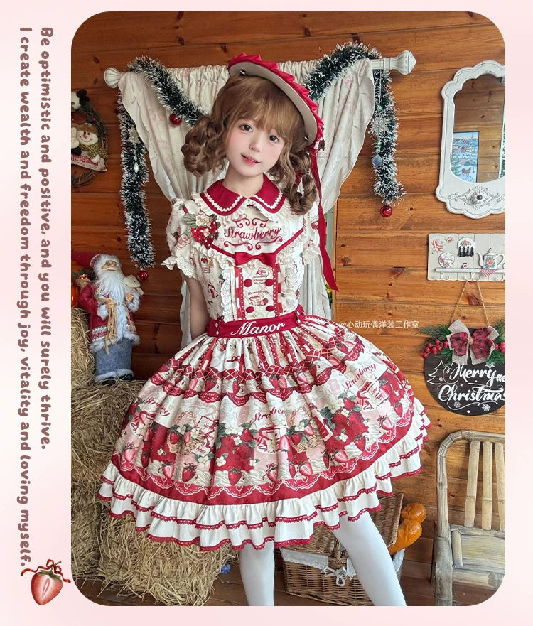 Strawberry Garden - Sweet Lolita JSK & OP Dress, Strawberry Print 44455:809997