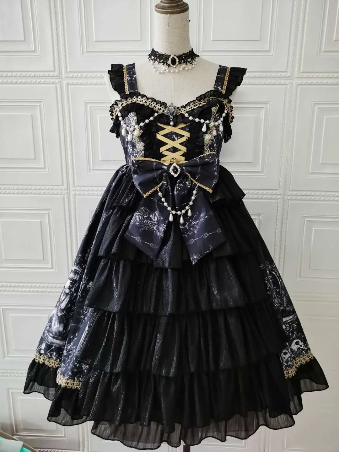 Dragon Witch - Printed Gothic Lolita JSK Dress, Front Opening Black JSK + 1 Waist Bow XS