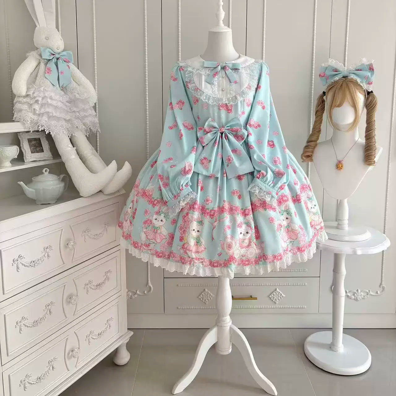 Sakura Bunny - Kawaii Lolita Sakura Print OP Dress, Side Pockets (L M S XL) 44392:806399