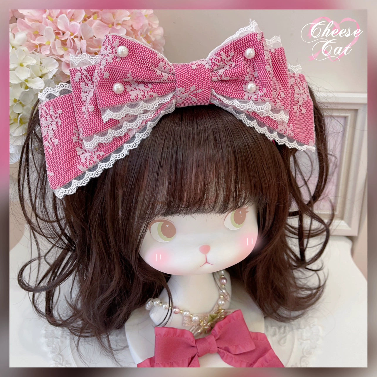 Cheese Cat - Sweet Lolita KC Lace Butterfly Lolita KC with Pearl rose red KC