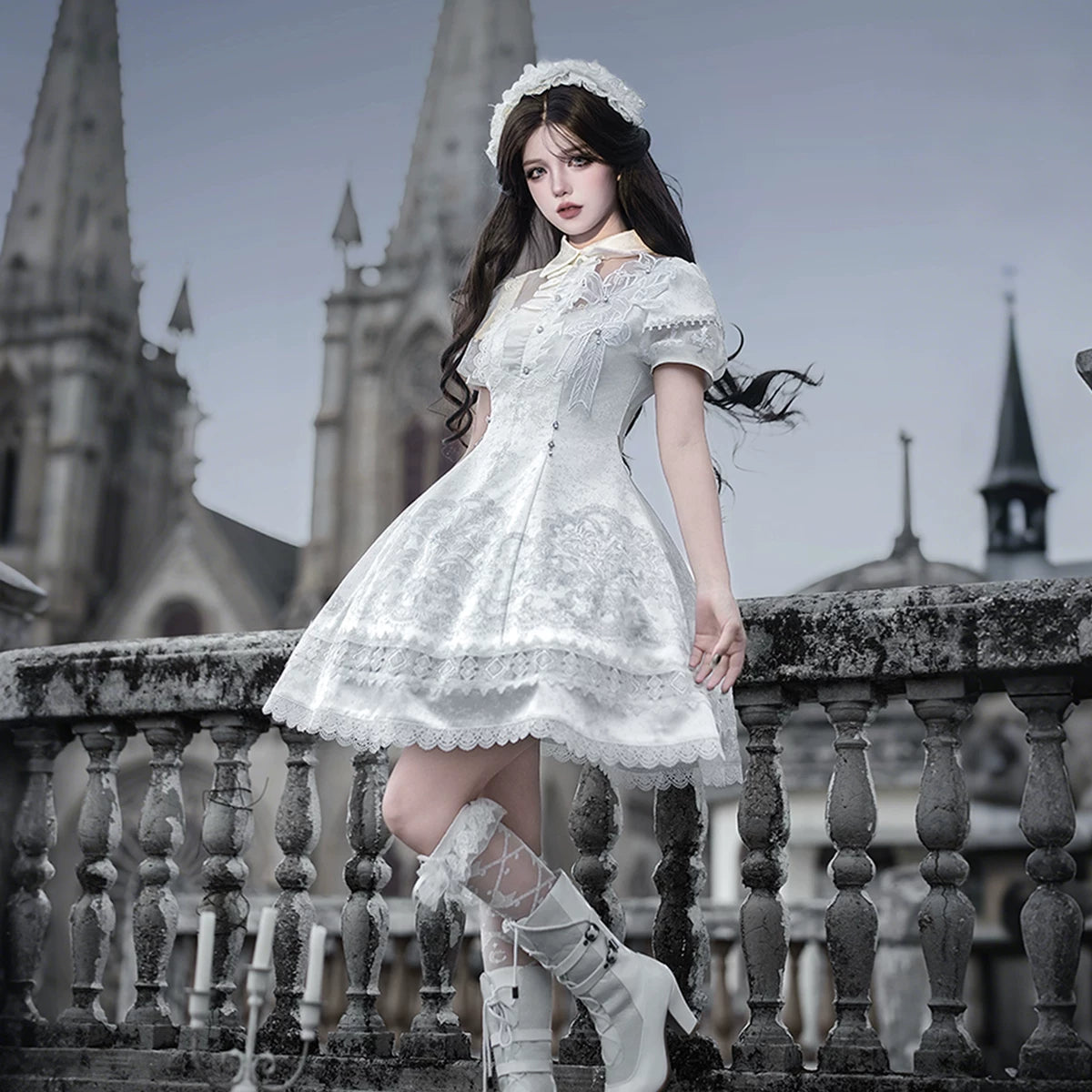 White Classic Lolita Printed OP Dress with Cross