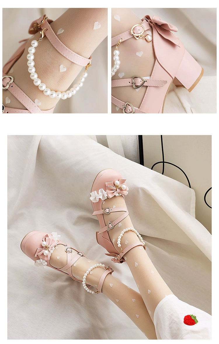 Yana - Round Toe Sweet Lolita Shoes, Detachable Pearl Chain