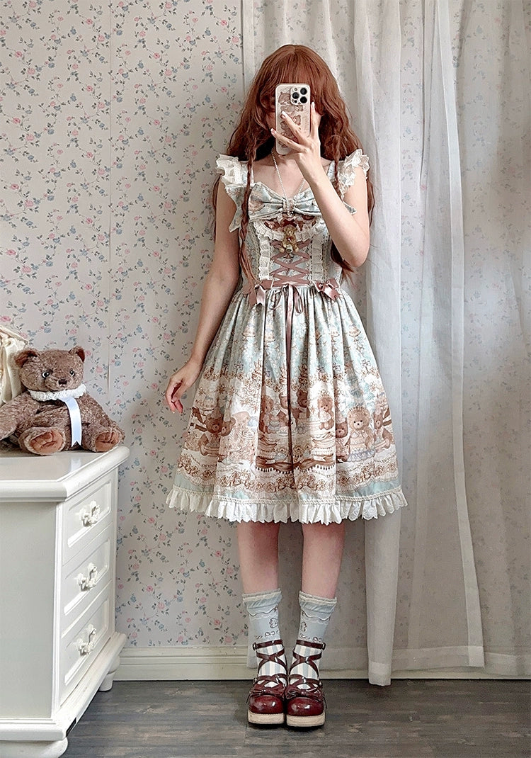 Wendy's Wardrobe - Macaron Bear - Cotton Kawaii Lolita Dress Suit, Bear & Dessert Print