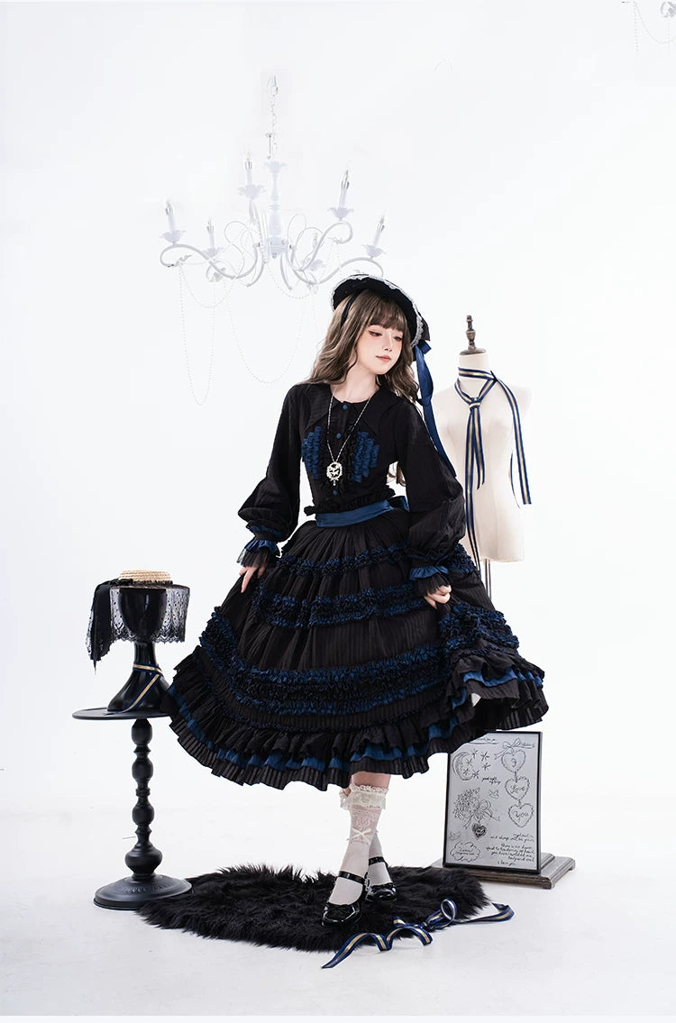 Wings and Bouquet - Dark Classic Lolita Blouse and SK Set, Layered Blue Ruffles 45680:858277