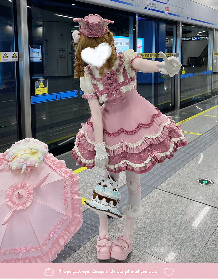 Sakurahime - Bunny Breeze - Pink Sweet Lolita OP Dress with Cute Hat and Bunny Ears 42536:753184