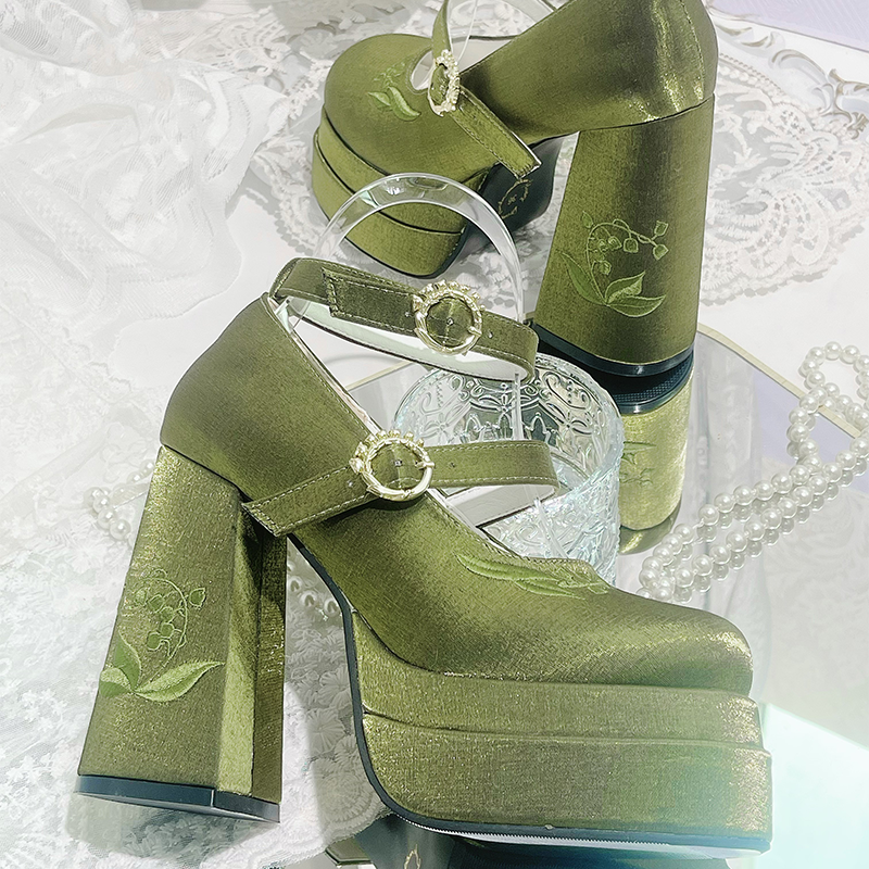 Dreamland - Floating Dream Lily - Elegant Lolita High Heel Shoes, Detachable Bow 34 Olive Green
