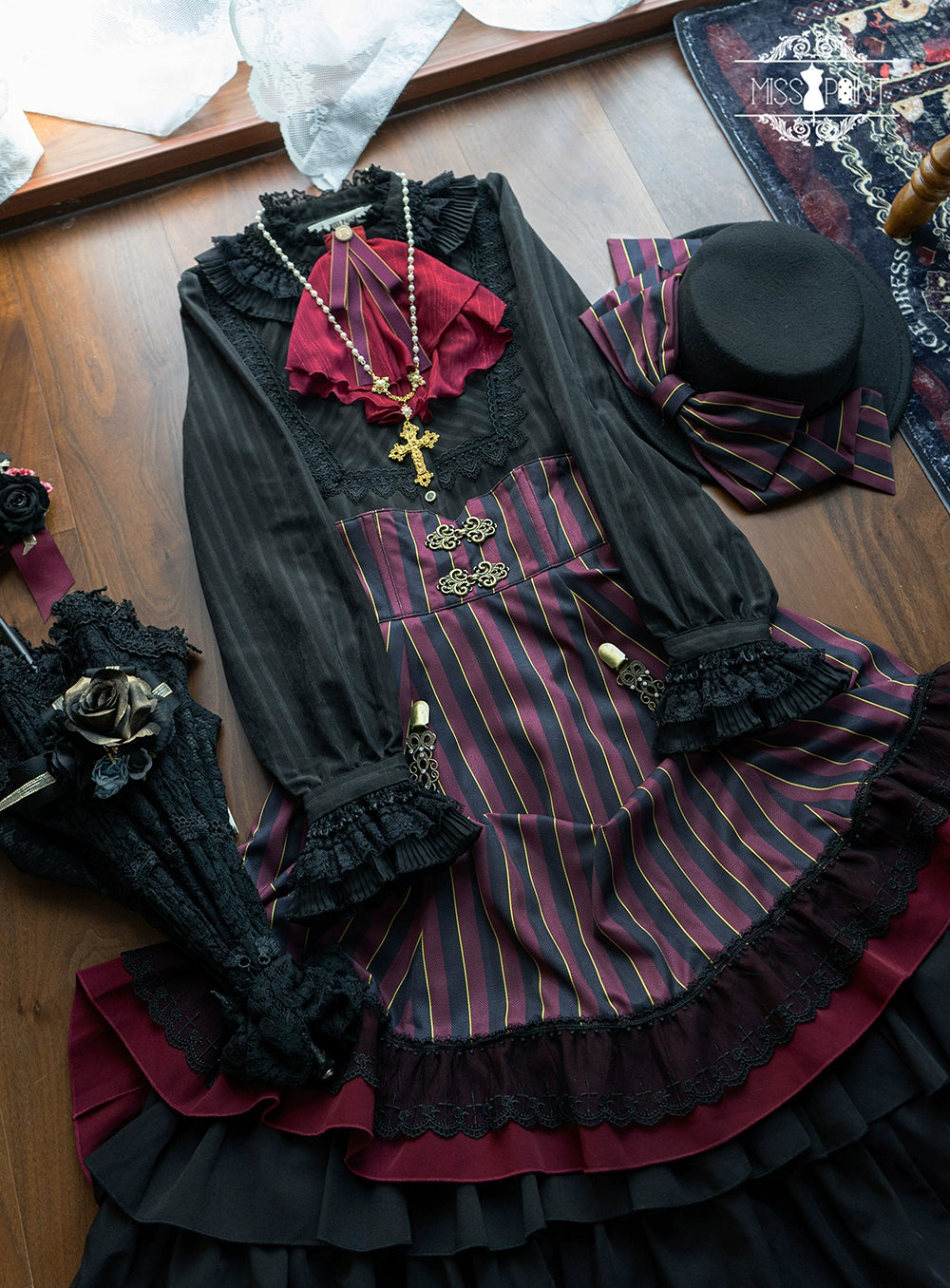 (Buyforme)Miss Point~Customized Lolita Elegant Striped High Waisted Fishbone SK 21544:312562