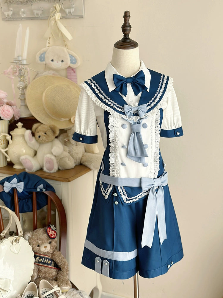 Forest Fluorescent Carps - Small Animal Team - Ouji Lolita Suit Male Lolita Shirt Shorts S Navy blue (overalls + false collar + shirt + bow tie)