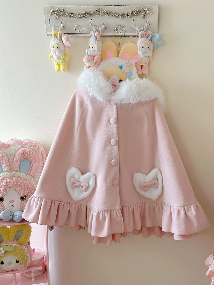 ZhiJinYuan - Winter Kawaii Lolita Cape with Bunny Ear Hood Pink cape only One Size