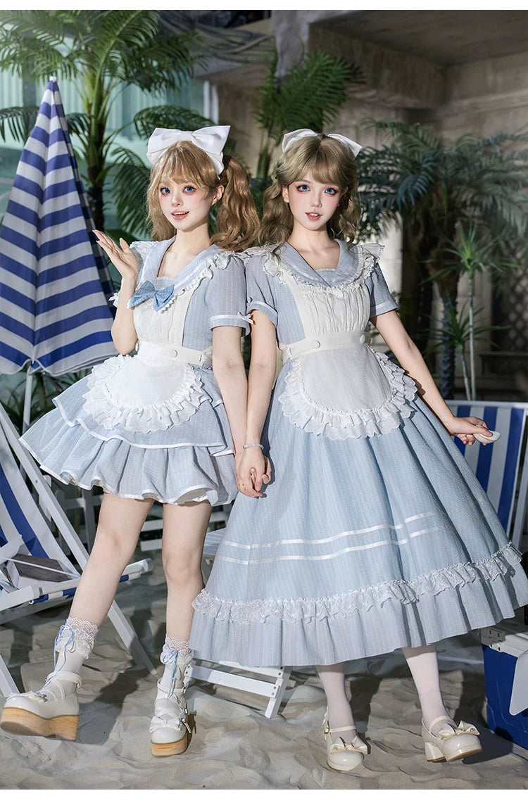 Seven-Day Bell - Blue Classic Lolita Striped OP Dress, Sailor Collar
