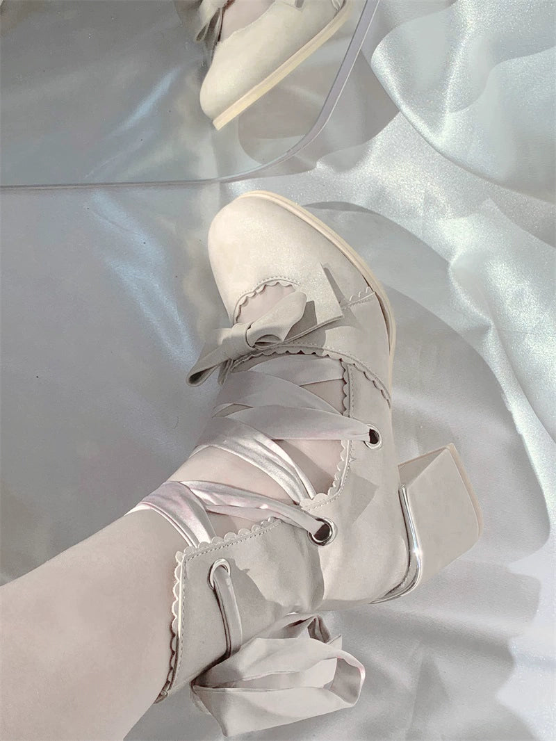 (BFM)MR.Qiutian~Muse Kiss~Elegant Lolita Shoes Lace-up Bow Heels Round Toe 33144:405894