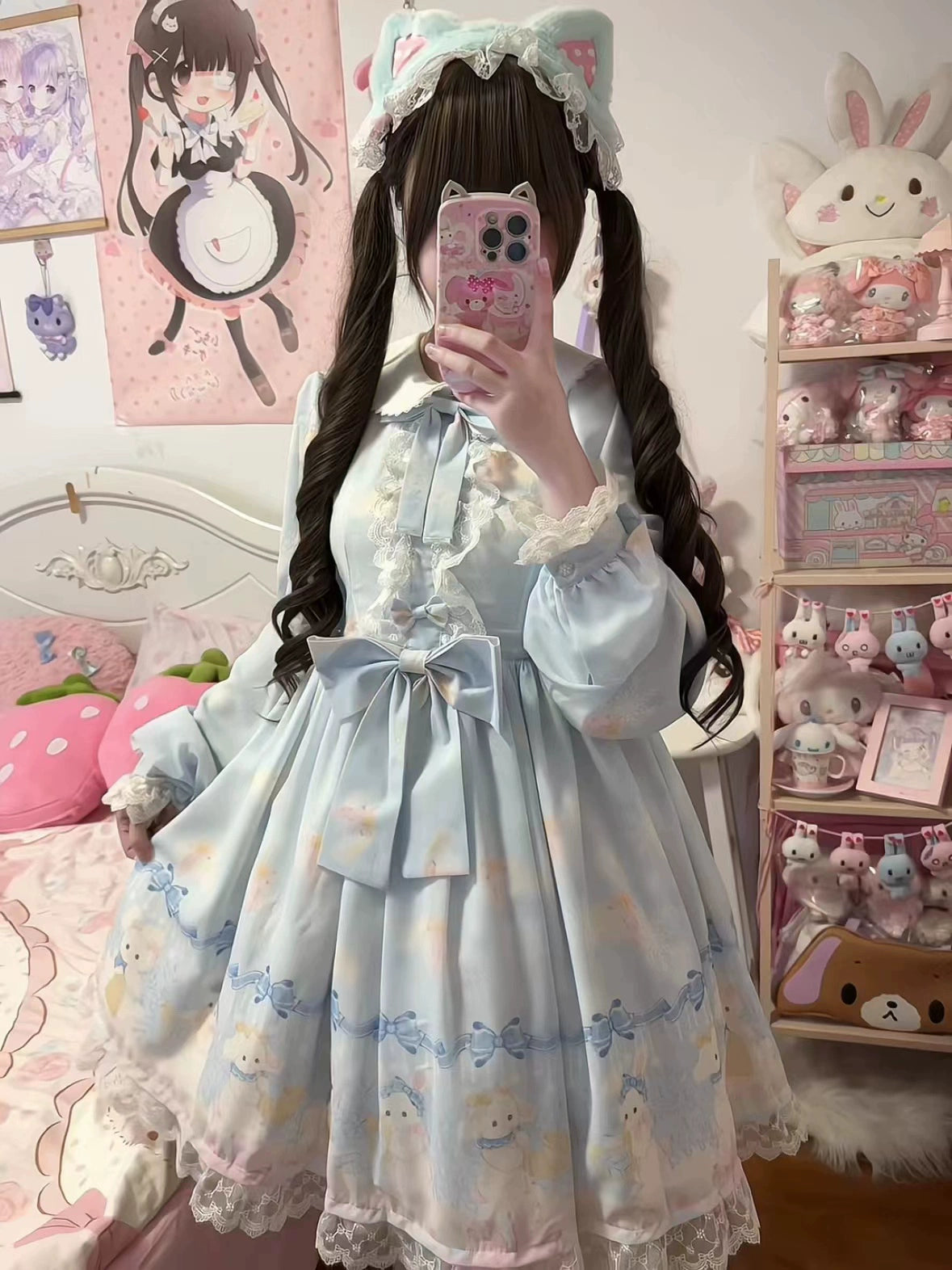 Strawberry Cake - Snow Bunny Symphony - Sweet Lolita OP Dress, Bunny & Snow Print