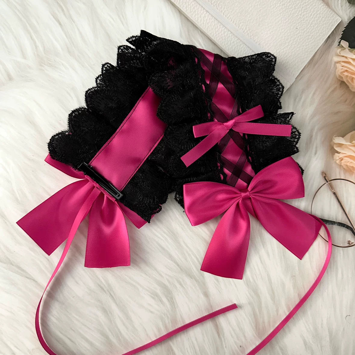 Sweet Lolita Lace Headbands, Ribbon & Bow Black lace with rose pink bow headband