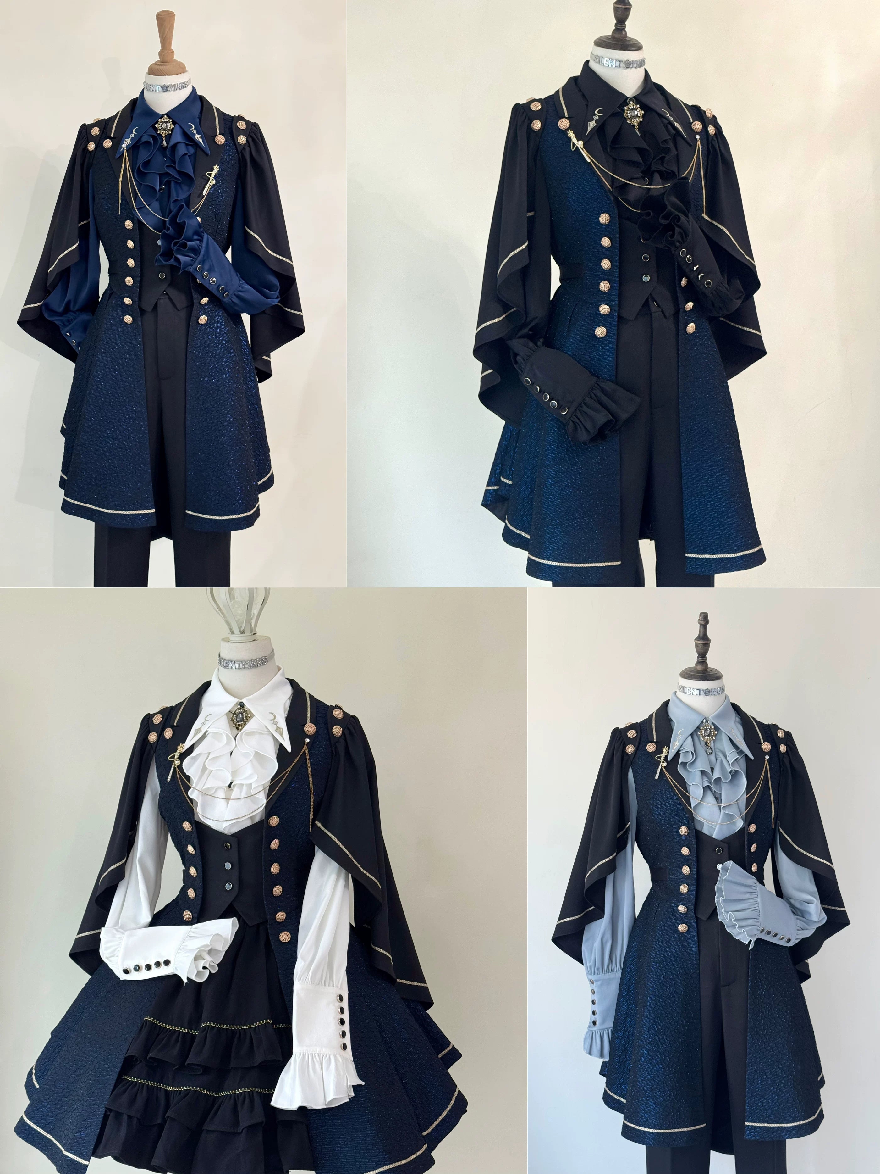Fallen Moon Code - Retro Military Lolita Capelet-Sleeve Set: Vest, Skirt & Pants