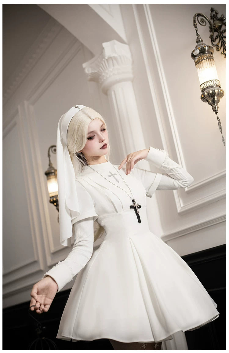 Nihil - Gothic Nun Lolita OP Dress, Irregular Hem Cape 44717:819722