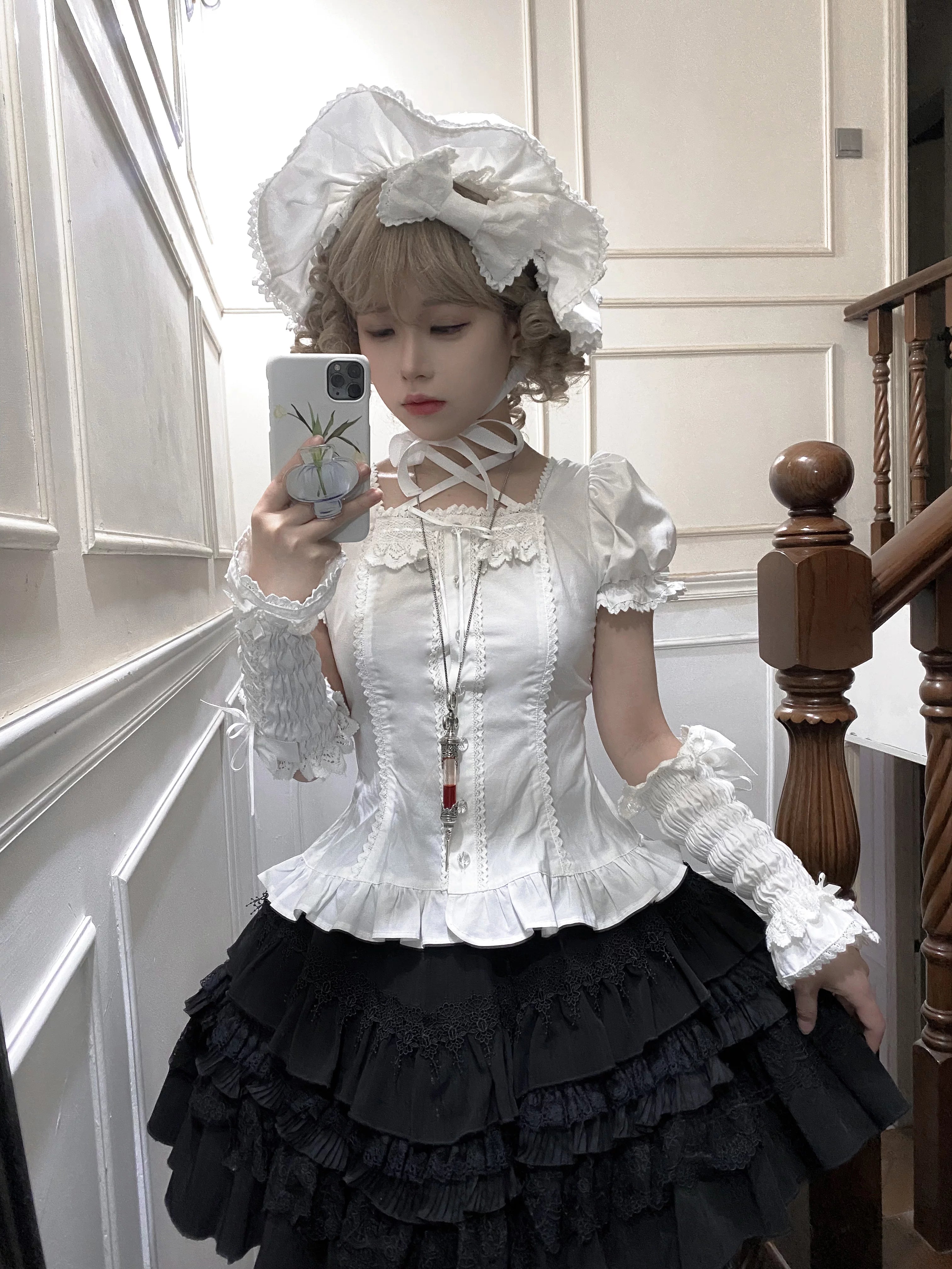 Haruhime Momoko - Old School Lolita Blue Cotton Blouse, Cross Halter Neck 45749:860728