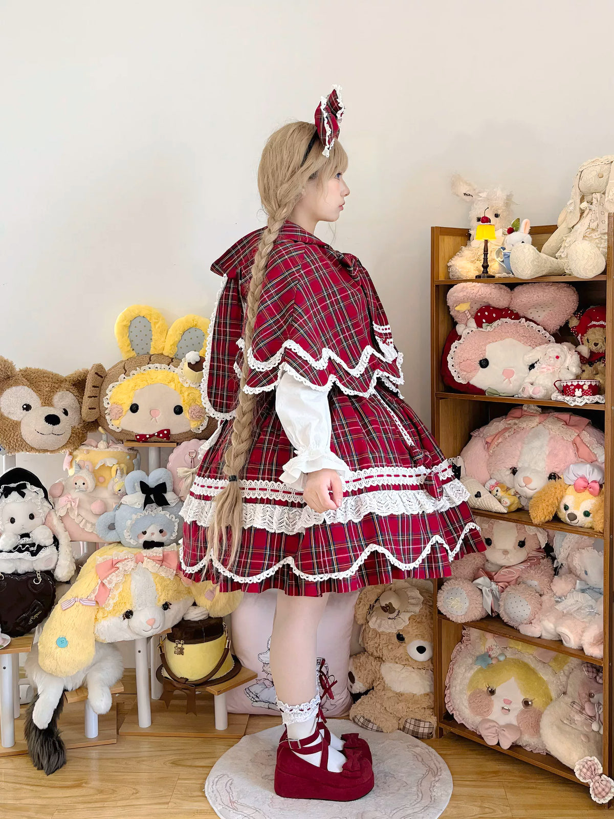 Plaid Petal Bunny - Old School Lolita Bunny Ear Cape, Lace-trimmed Petal Hem 45983:870723