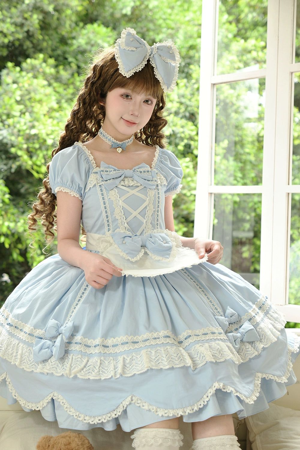 Miss Point - Vintage Petal Rabbit - Old School Lolita OP Cotton Dress With Petal-Shaped Hem 43135:768493