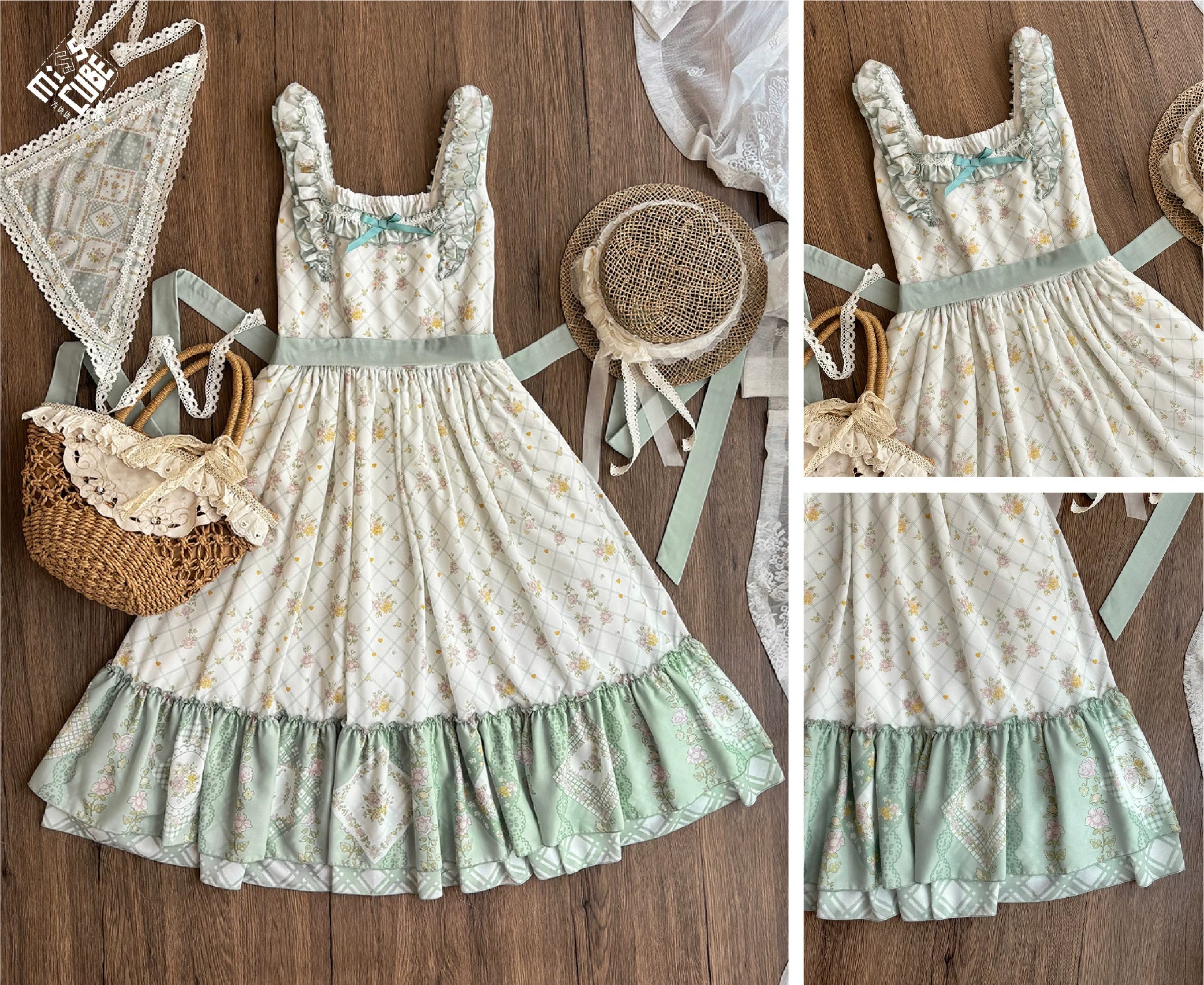 Patchwork Garden 2.0 - Classic Lolita Floral Print JSK Dress, Side Pockets Green JSK Only (with waist tie) XS