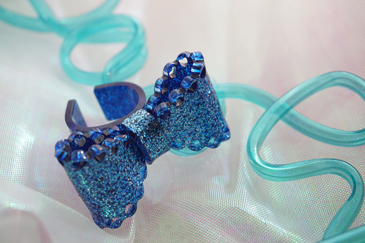 Cat Tea Party - Sweet Lolita Bow Ring and Necklace blue ring