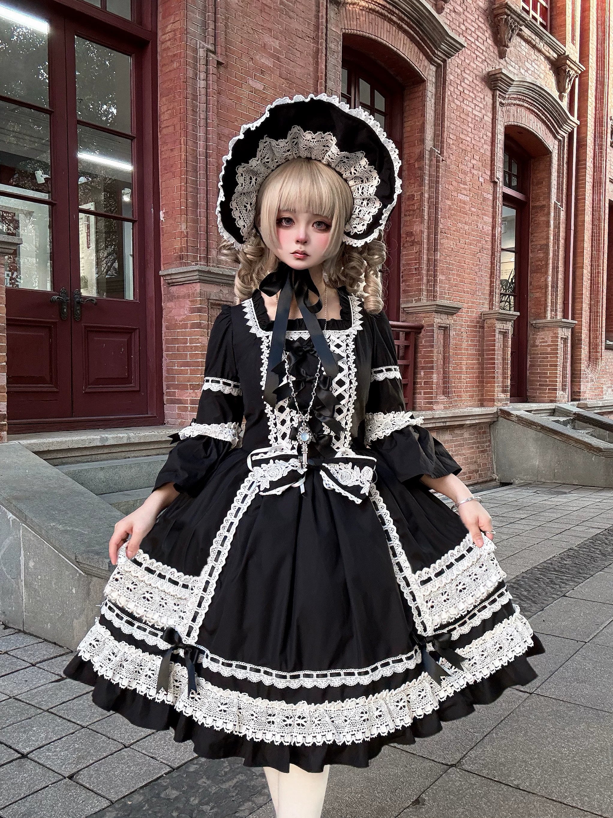 First Otome - Black Old School Lolita OP Dress, Lace Details OP Dress Only S