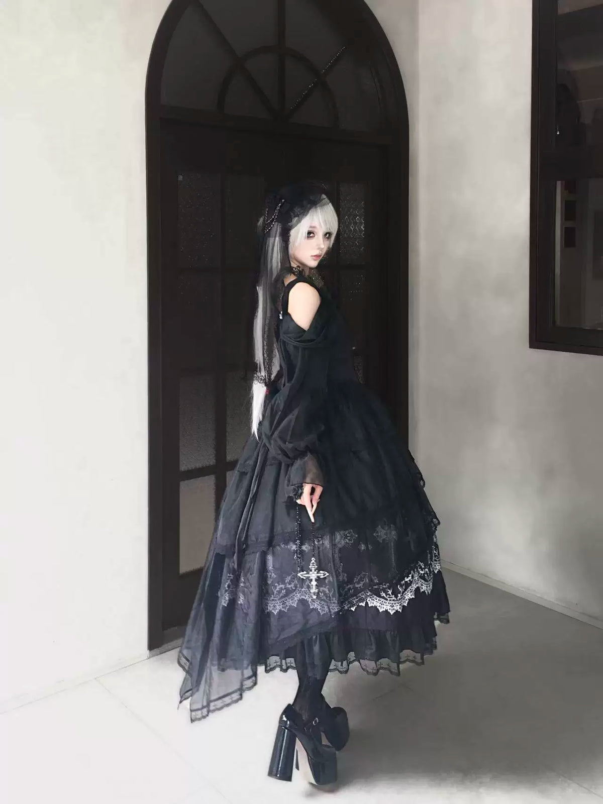 Star Remains Prayer - Elegant Gothic Lolita JSK & OP Dress Set, Cross & Moon Prints 46014:872481