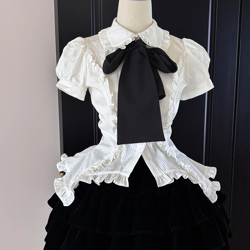 FlowerFairyDaily - Lilith - Gothic Lolita Short Sleeve Shirt, Detachable Tie White Stripe S