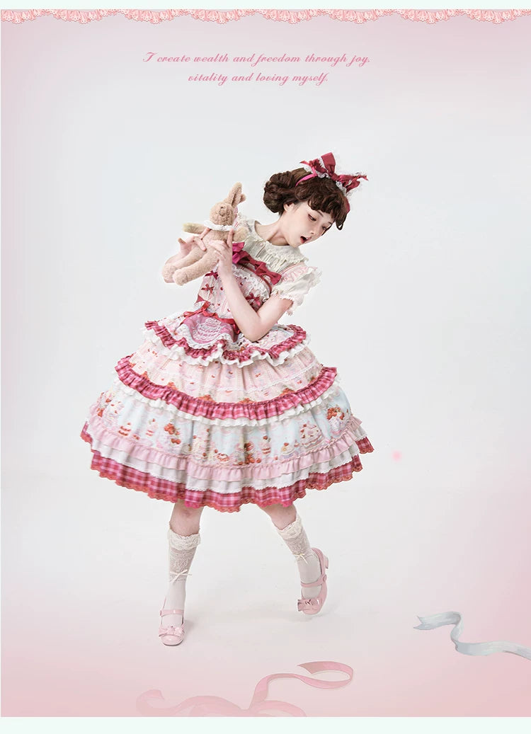 Cherry Cake - Printed Sweet Lolita JSK Dress, Embroidered Apron 44904:827168