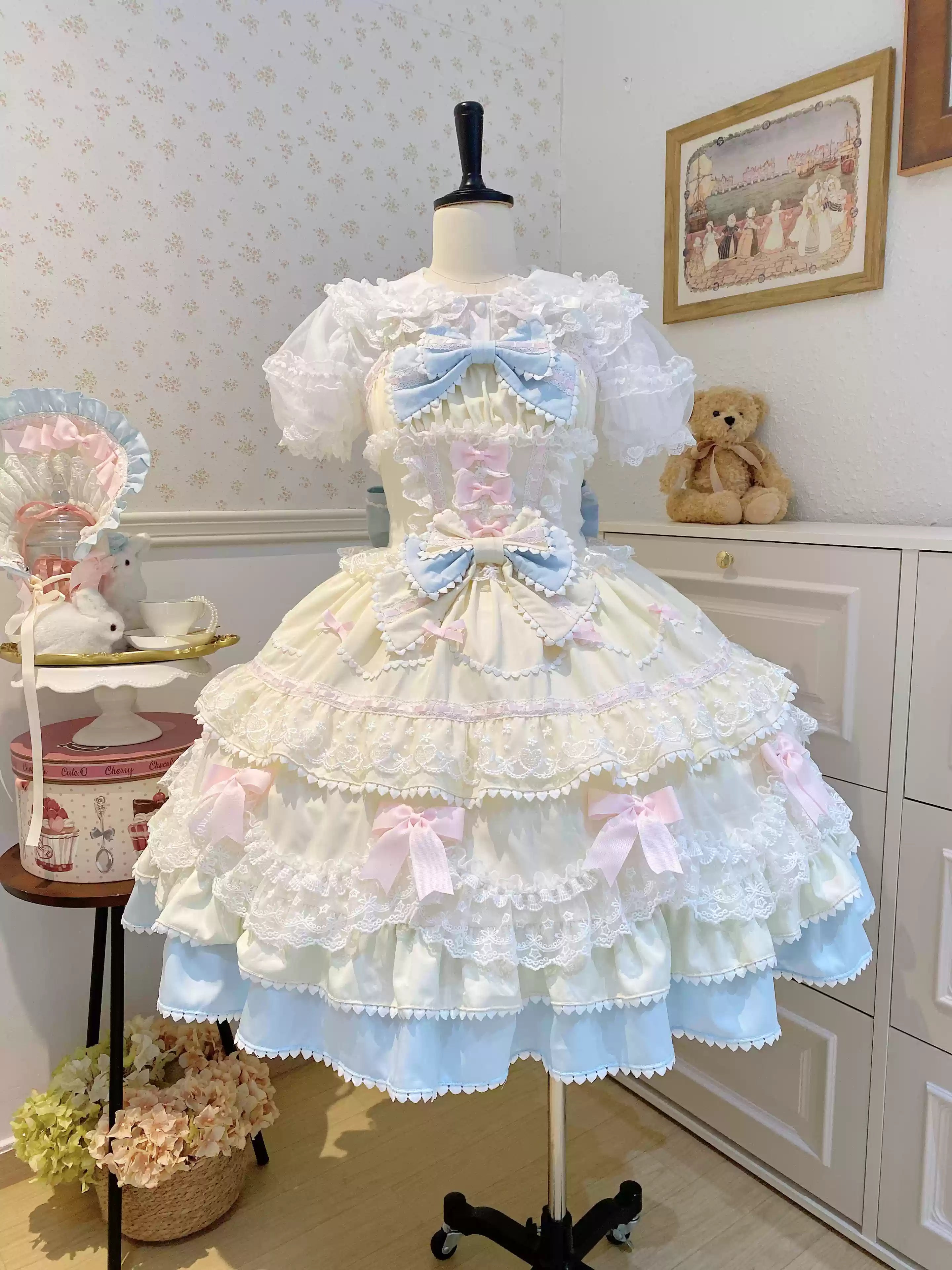 Sugar Girl - Fondant Cake - Summer Sweet Lolita JSK Dress, Tiered Ruffles and Bows (L M S) 42612:762141