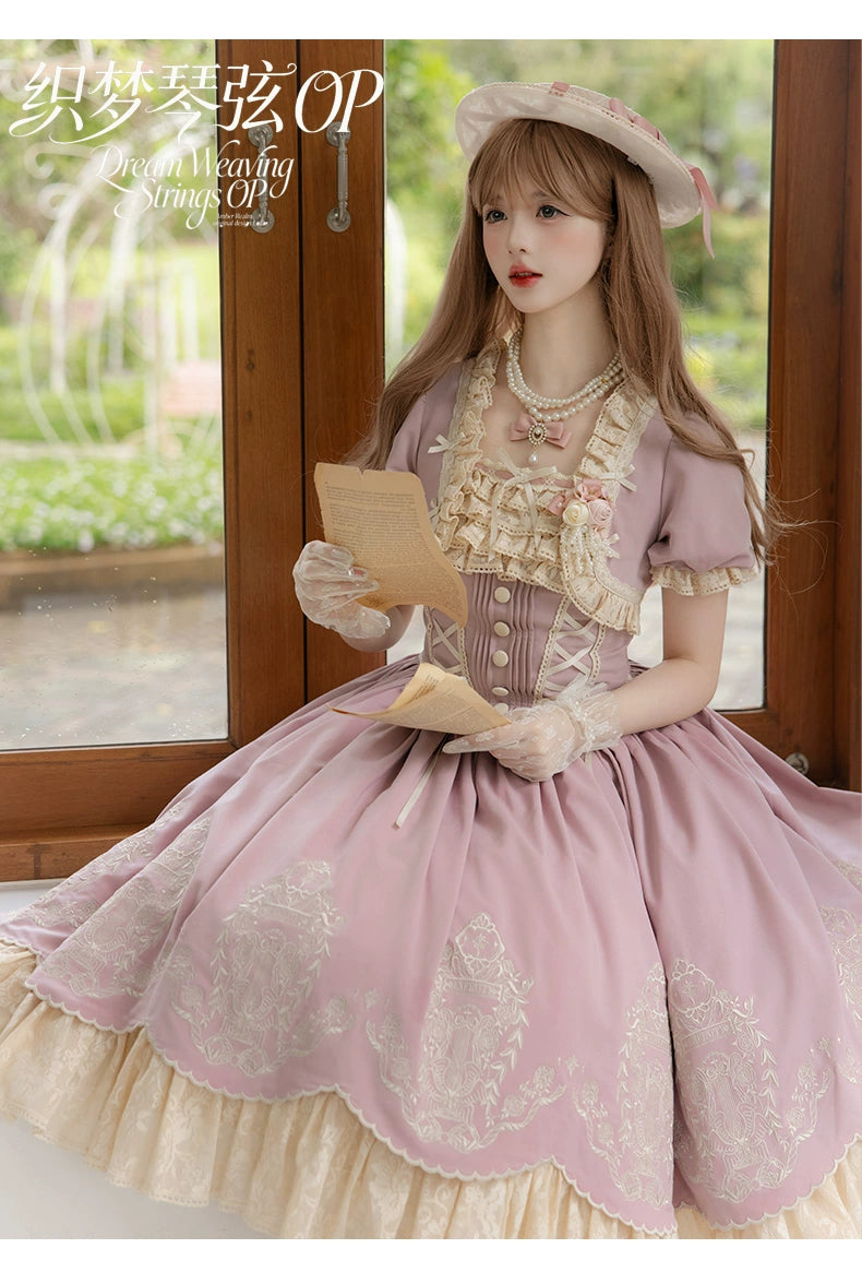 Amber Realm - Dream Strings - Embroidered Classic Lolita OP Dress, Princess Sleeves